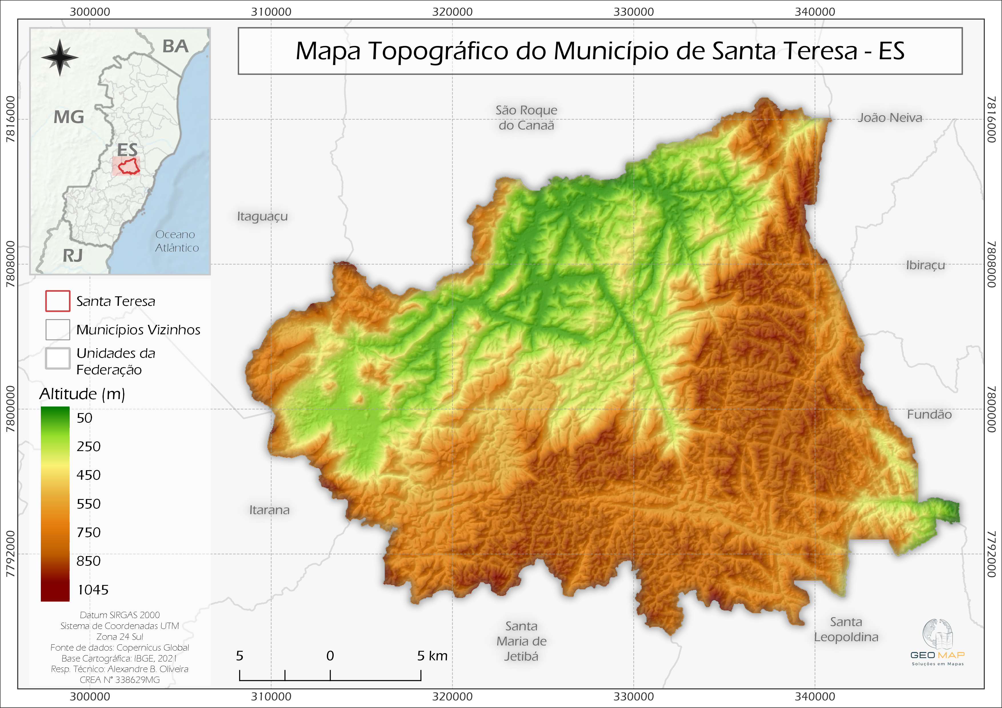 Mapa Topográfico de Santa Teresa - ES