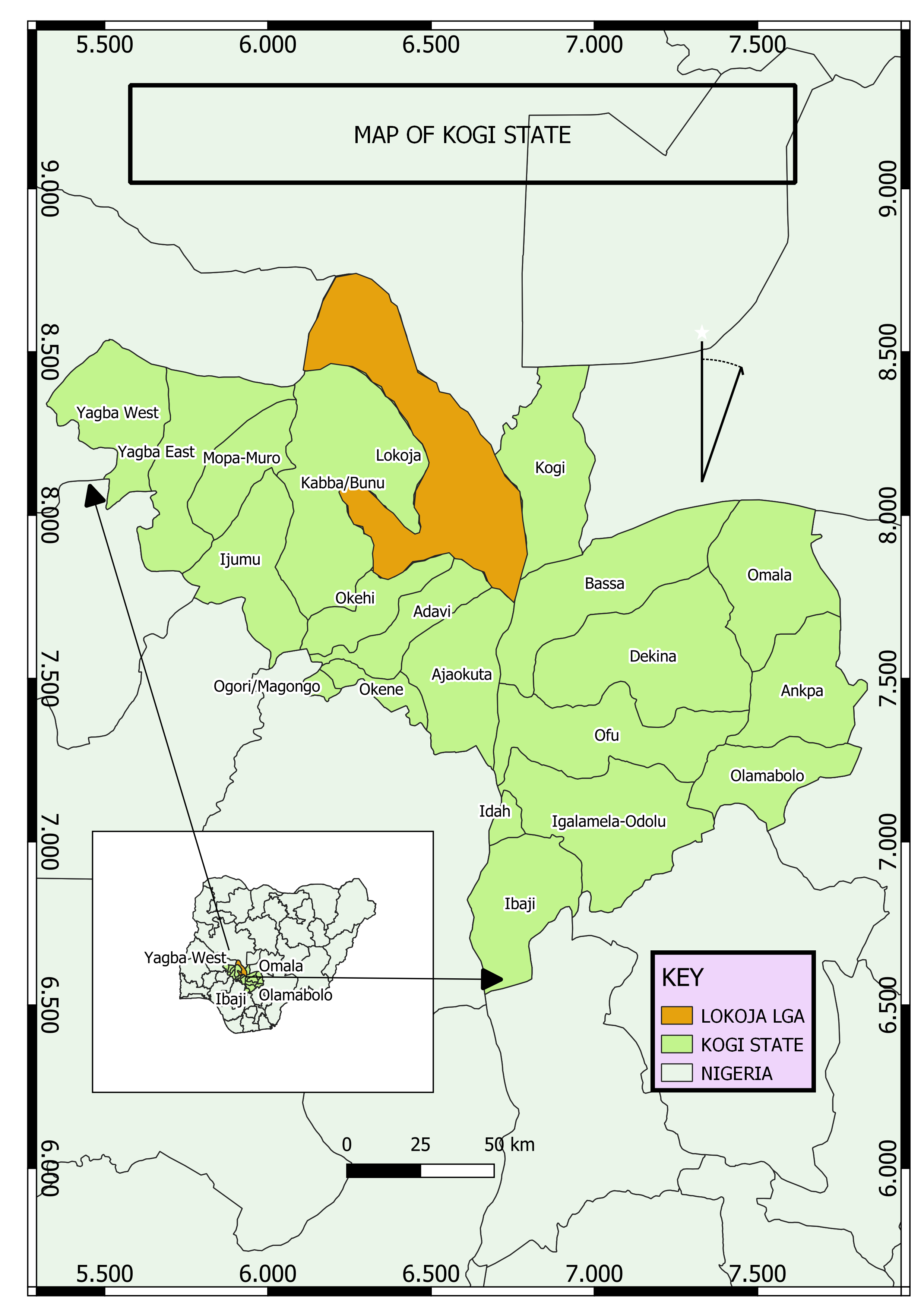 Map of Kogi state highlighting Lokoja