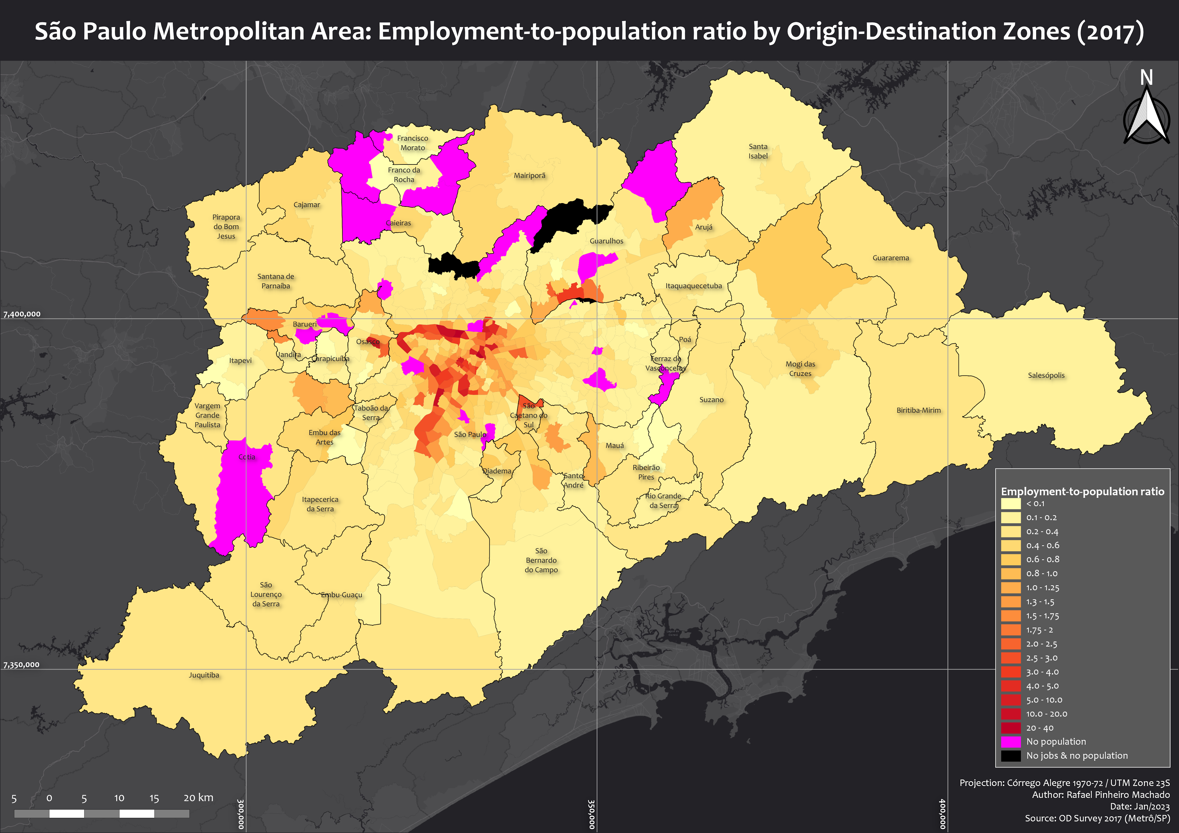 RMSP - Empregos / População por Zona OD
