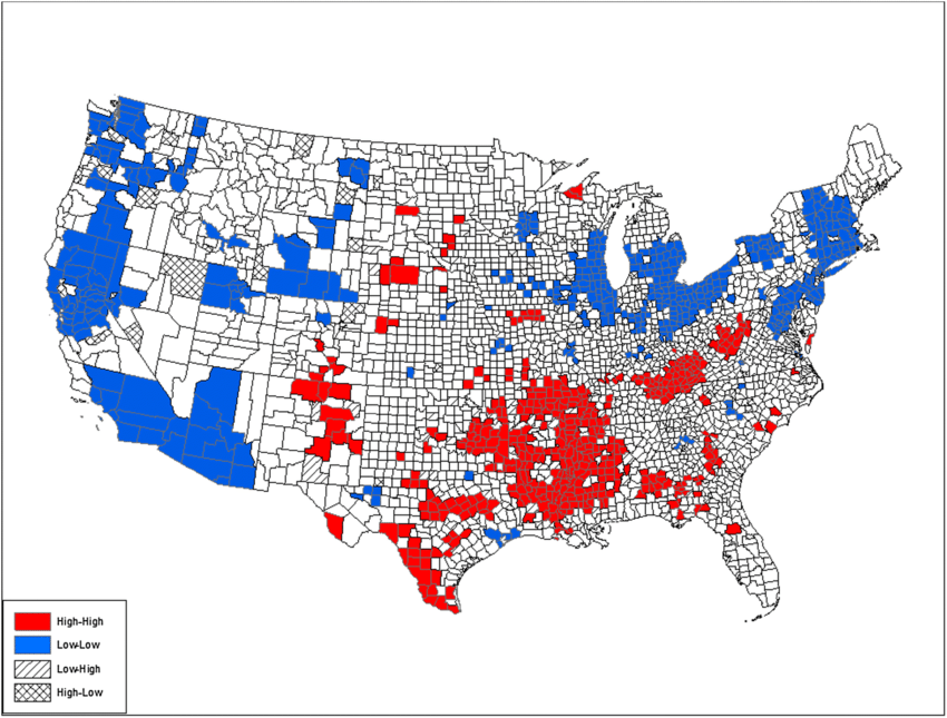 Cluster map of income change from 1970 to 2010 in United States.