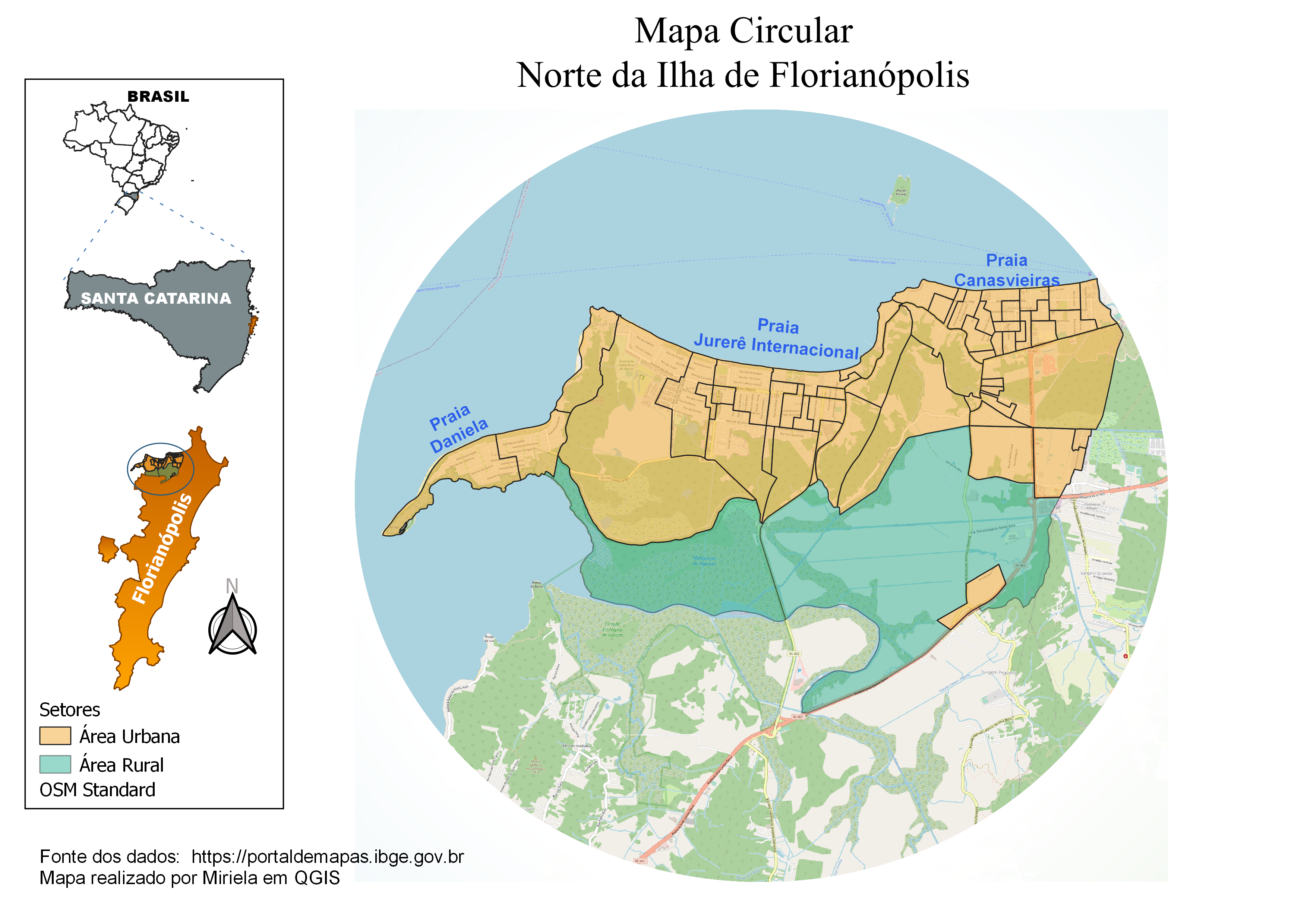 Mapa Circular do norte de Florianópolis