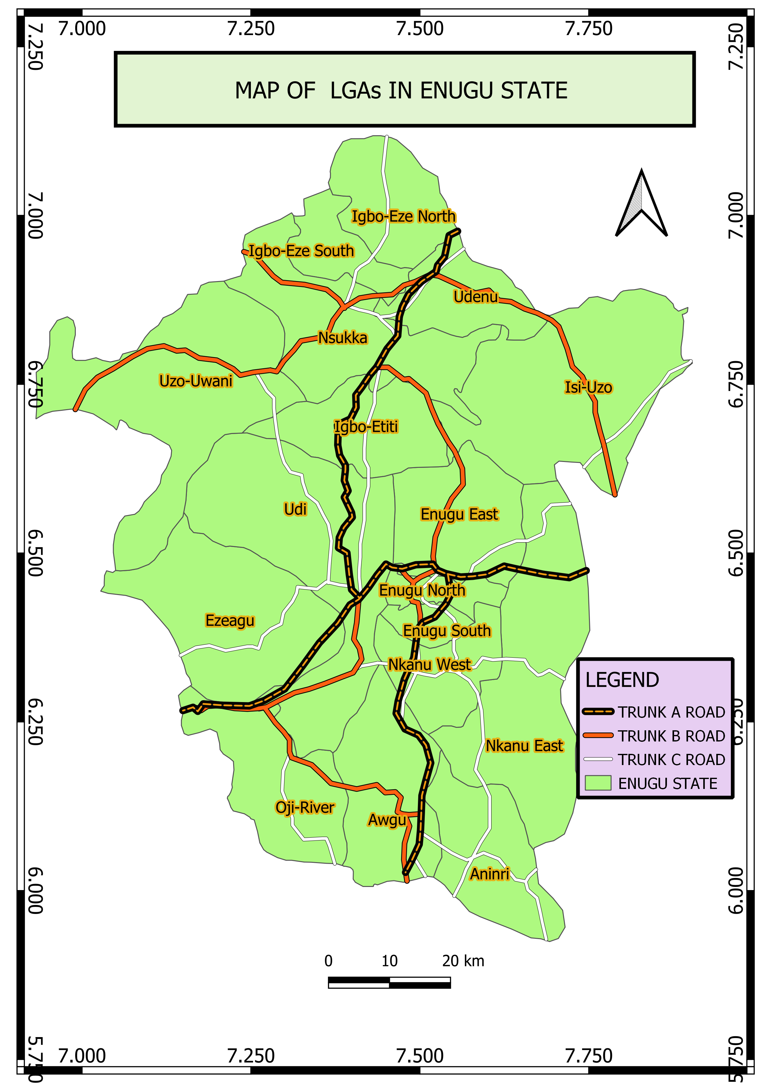 Map of Enugu state showing road network 