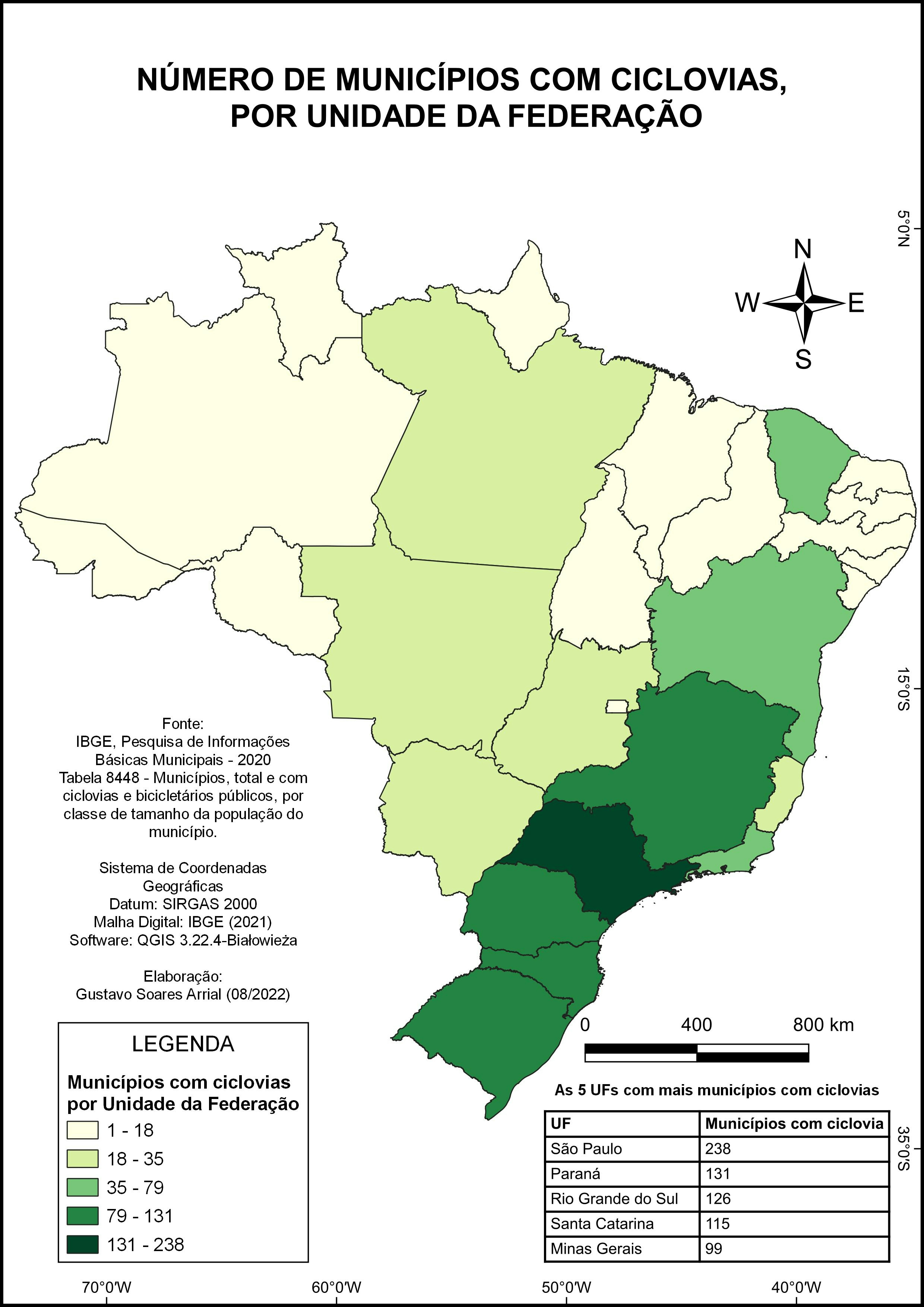 Cities with bike lanes in Brazil, states
