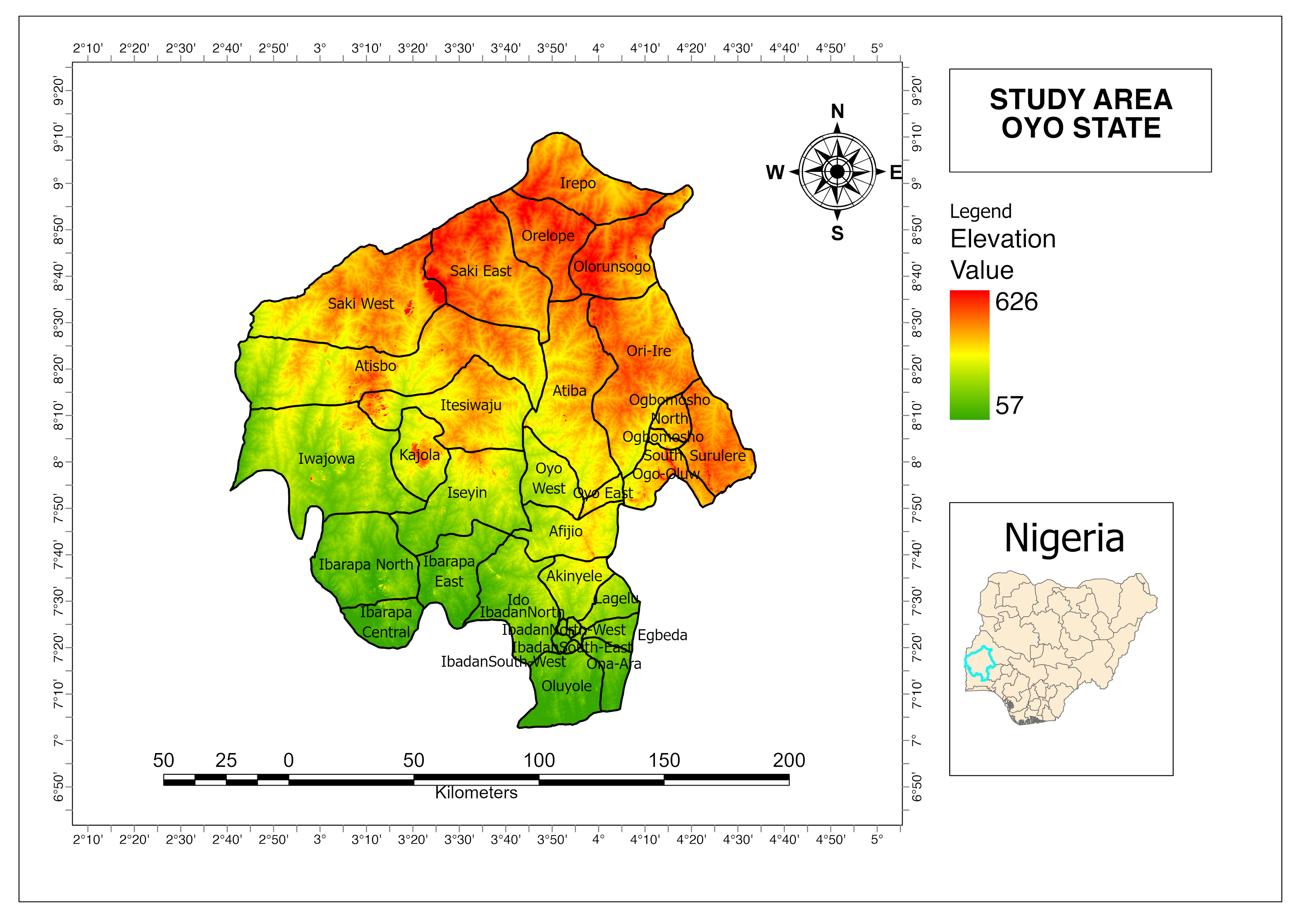 Digital Elevation Model of Oyo State.