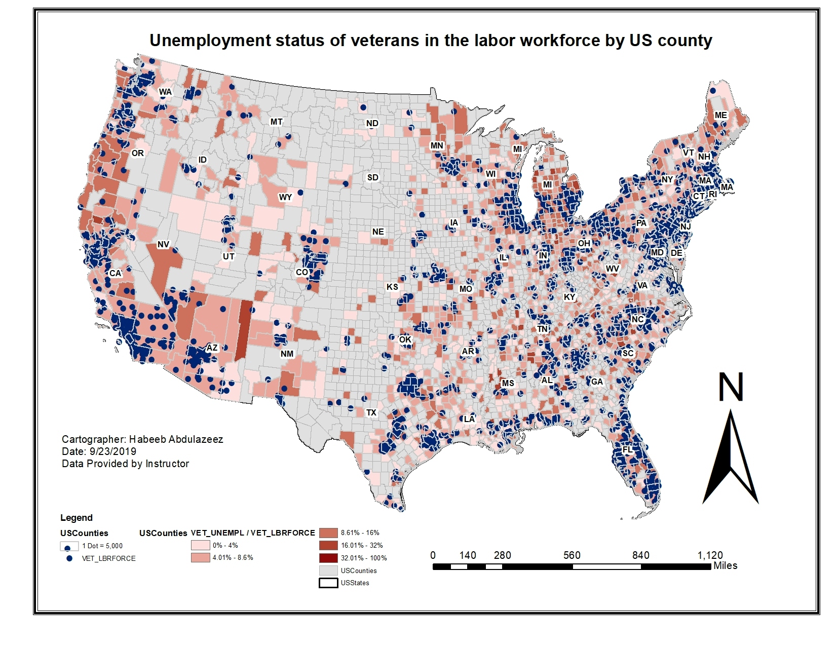 Unemployment status of veterans in the labor workforce by US county 2009