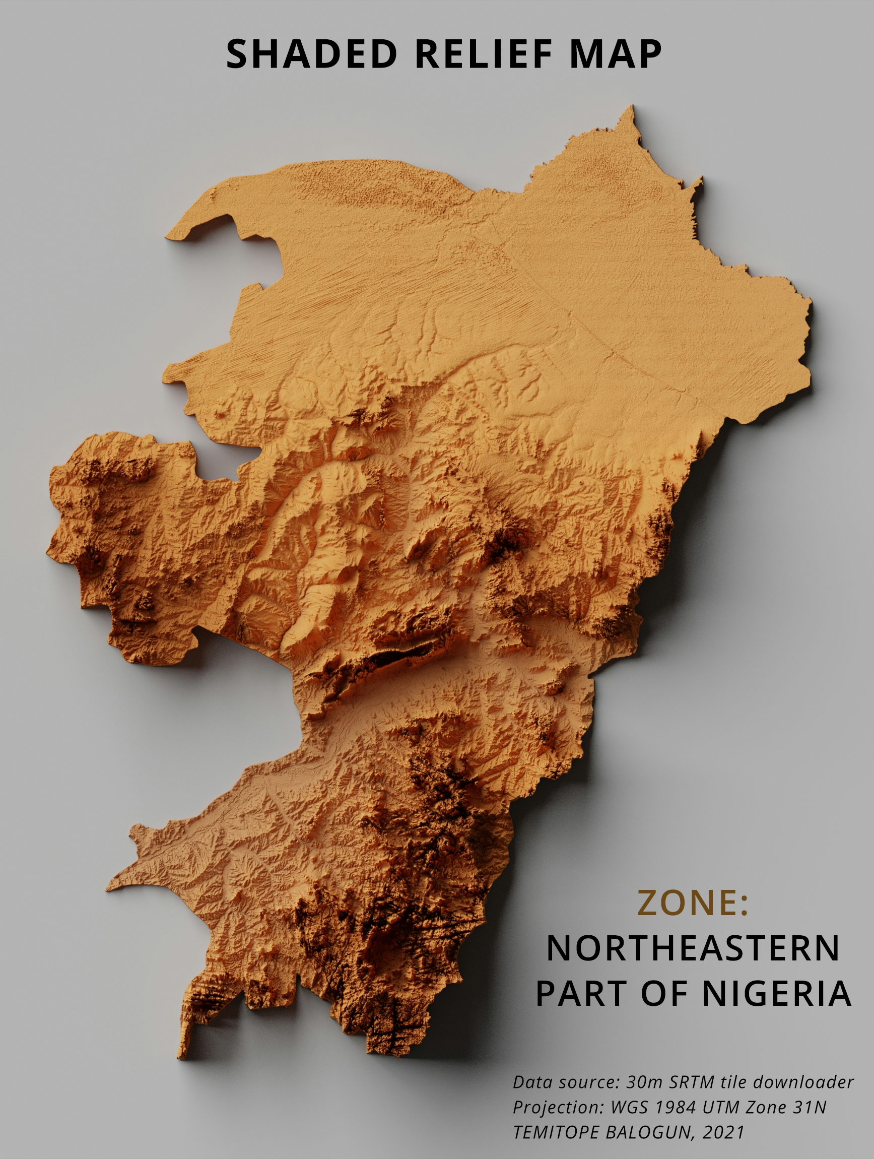 Shaded relief map of Northeastern Nigeria