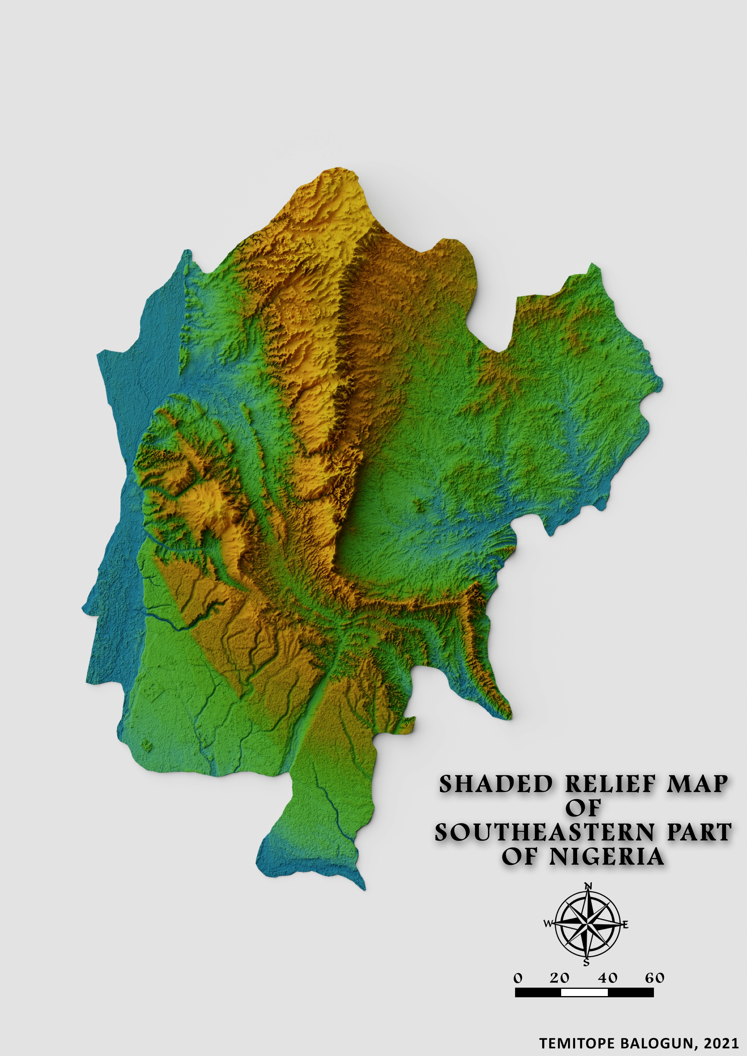 Shaded relief map of Southeastern part of Nigeria
