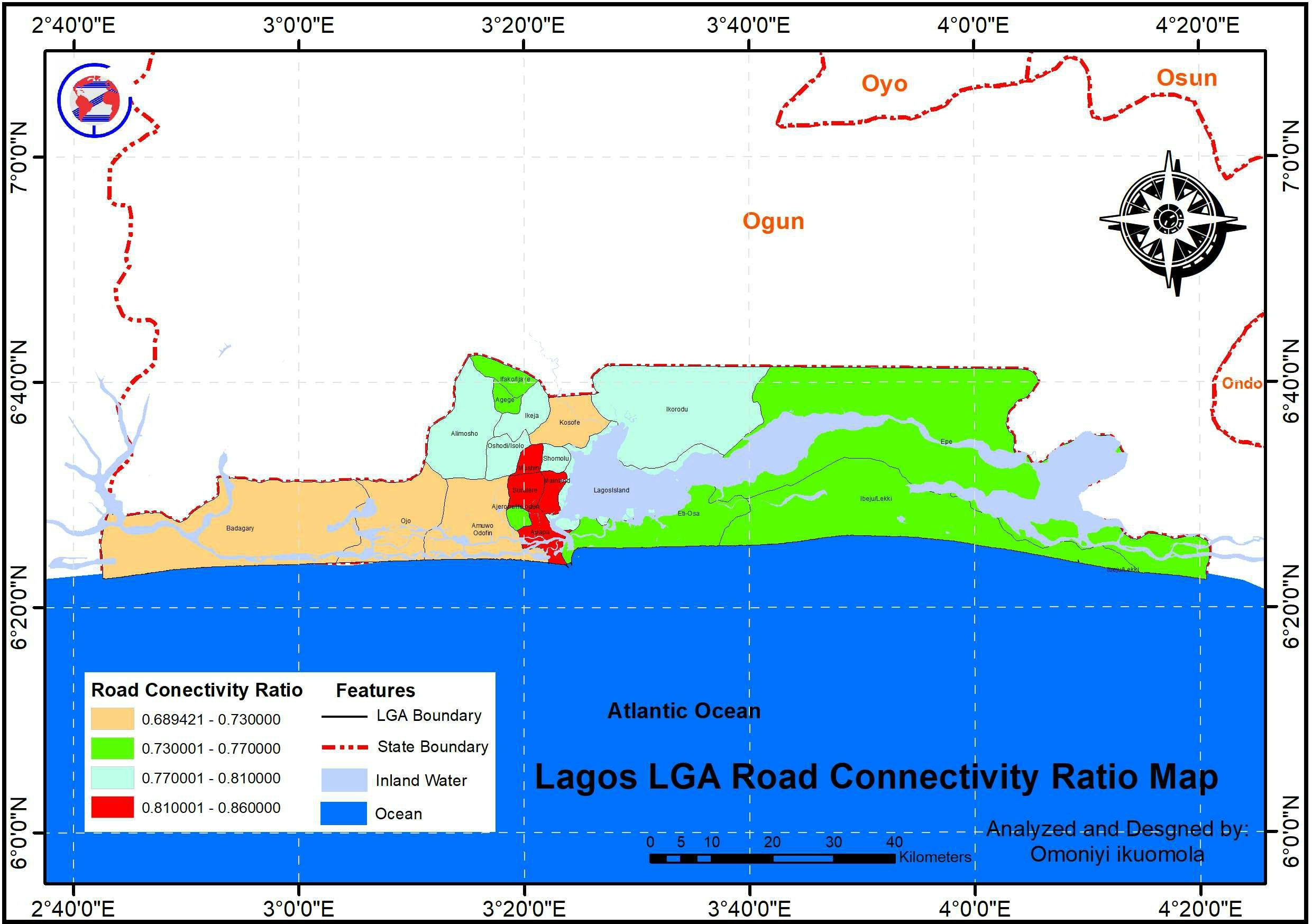 Lagos LGA Road Connectivity Ratio Map