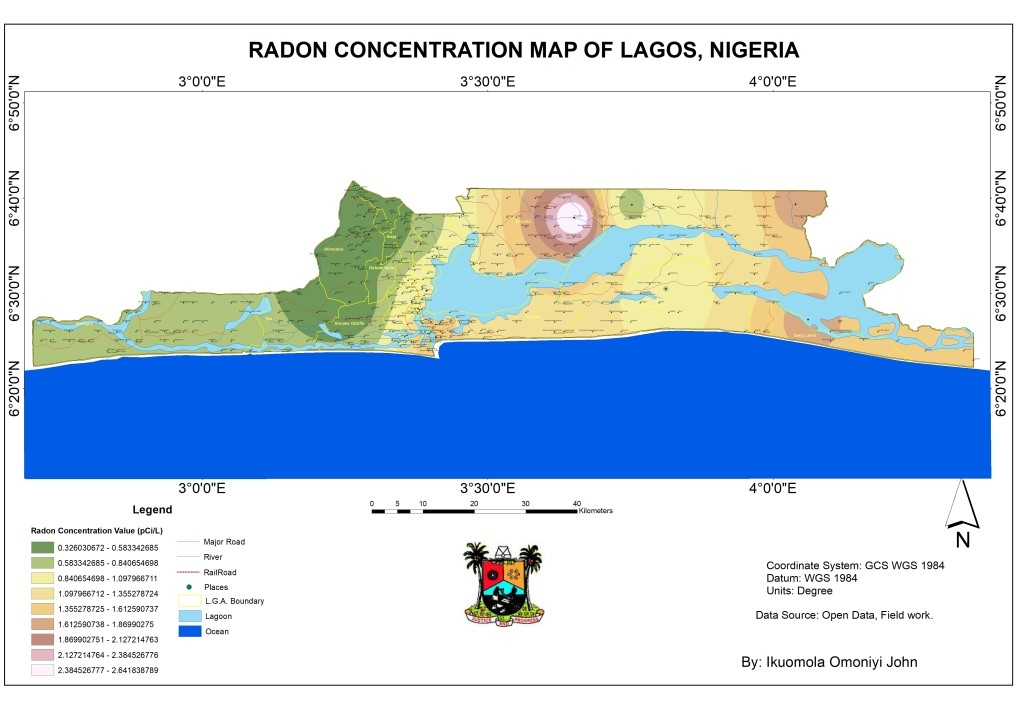 RADON CONCENTRATION MAP OF LAGOS STATE.