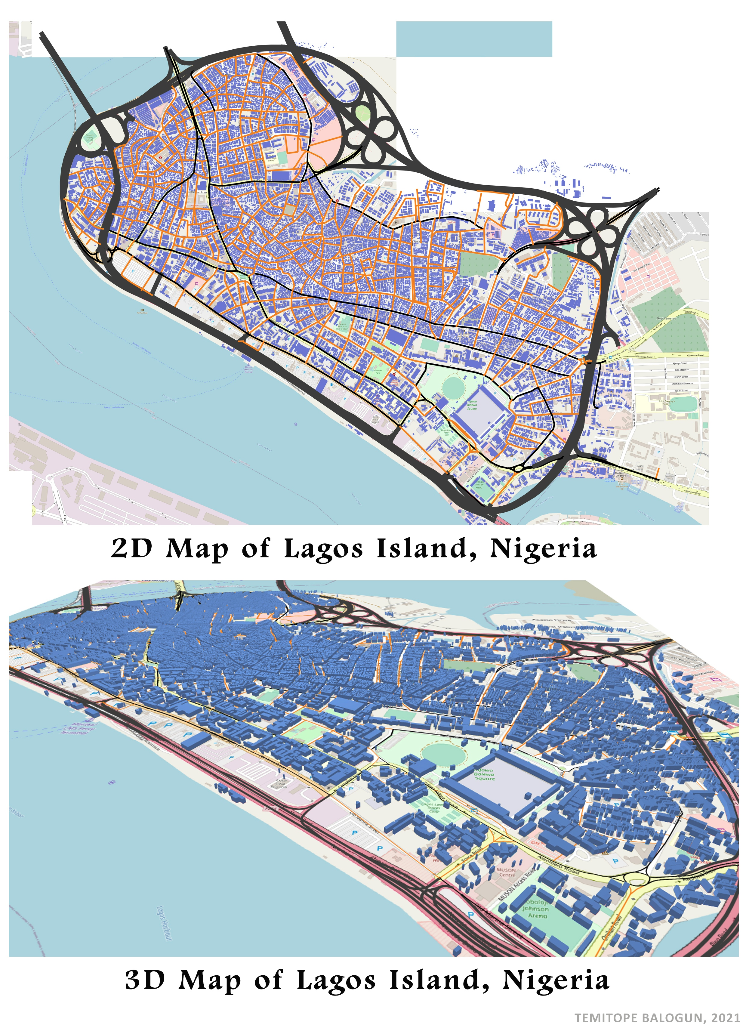 2D/3D map of Lagos Island, Nigeria